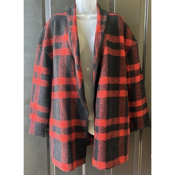 Aspen Buffalo Plaid Wool Open Front Coat Jacket Women's Size Large Red/Black - Picture 1 of 9